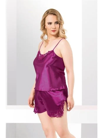 Mor Saten Babydoll Şort Takımı Büyük Beden Ahu 1024
