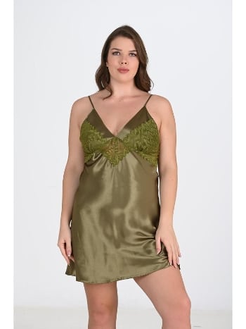 Büyük Beden Saten Haki Gecelik Ahu Ahu 2104