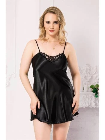 Büyük Beden Siyah Kısa Saten Gecelik Ahu Ahu 2022