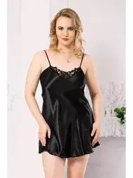 Büyük Beden Siyah Kısa Saten Gecelik Ahu Ahu 2022