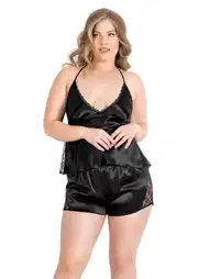 Büyük Beden Siyah Saten Babydoll Şort Takımı Ahu 1055