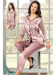 Cepli Gömlek Yaka Saten Pijama Takımı XSES 2105