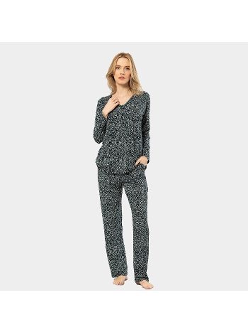 Çiçek Desenli Pamuklu Cepli Uzun Kollu Kadın Pijama Takımı Türen 3382