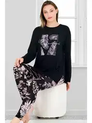 Çiçek Desenli Uzun Kollu Viskon Kapri Pijama Takımı Lady 11670