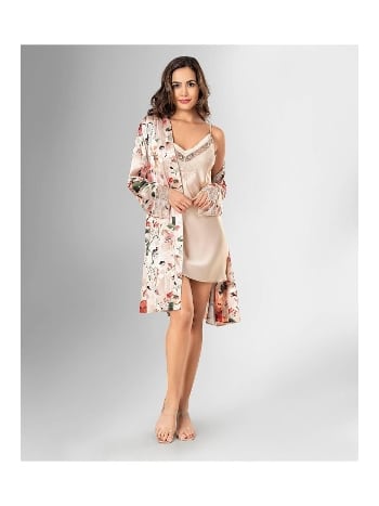 Çiçekli Turuncu Kadın Gecelik Sabahlık Takım Ahu 1831