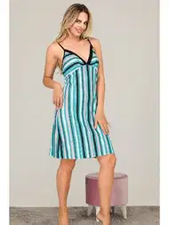 Pamuklu Likralı Çizgili Kadın Gecelik Lady 6499