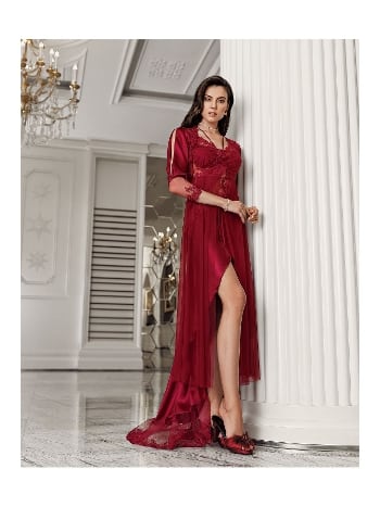 Dantelli Bordo Kuyruklu Saten Gecelik Takımı İmaj 3206