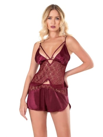 Dantelli Bordo Saten Babydoll Şort Takımı Ahu 9118