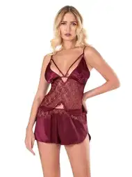 Dantelli Bordo Saten Babydoll Şort Takımı Ahu 9118
