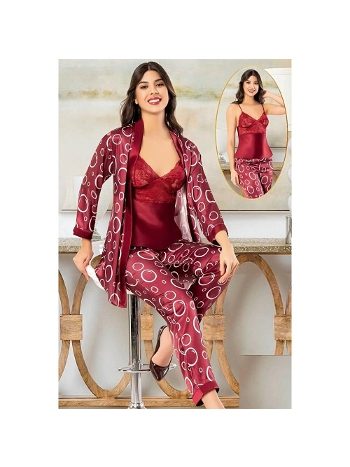 Dantelli Daire Desenli Saten Sabahlık Pijama Çeyiz Seti XSES 2152