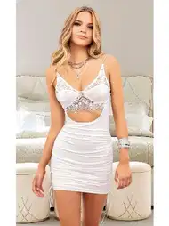 Dantelli Dekolteli Beyaz Mini Elbise Pink Night 3413