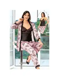 Dantelli Saten Leopar Sabahlık Pijama Seti XSES 2150
