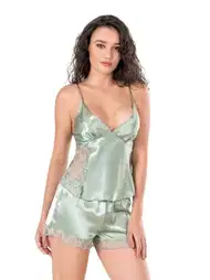 Dantelli Su Yeşili Saten Babydoll Şort Takımı Ahu 9124