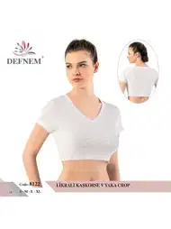 Kısa Kollu Sırt Açık Kaşkorse V Yaka Kadın Crop Defnem 8122