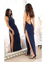 Dekolteli Yırtmaçlı Uzun Elbise Ekru Pink Night 5577