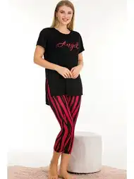 Desenli Rahat Kesim Kısa Kollu Kapri Pijama Takımı Lady 12052