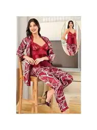 Dijital Desenli Dantelli Saten Pijama Çeyiz Seti XSES 2151