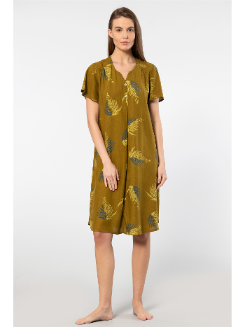 Viskon Kısa Kollu Yaprak Desenli Elbise Türen 3399