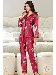 Saten Düğmeli Gömlek Yaka Uzun Kollu Pijama Seti XSES 2000