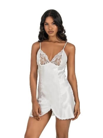 Ekru Göğüs Dekolteli Kısa Saten Gecelik Ahu 8210