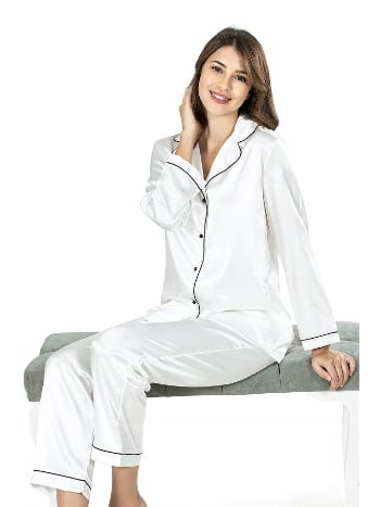 Ekru Saten Gecelik Pijama Takımı Kadın Ahu 7647