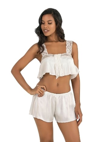 Ekru Dantel Detaylı Saten Şort Takımı Ahu 9200