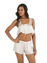Ekru Dantel Detaylı Saten Şort Takımı Ahu 9200