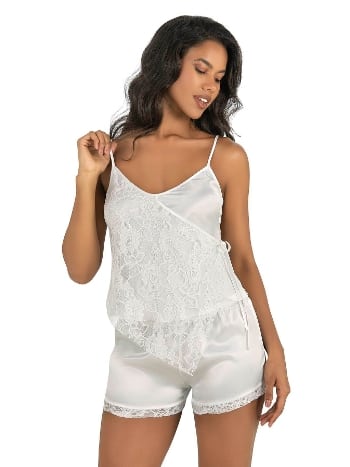 Ekru Saten Şort Takımı Kadın Pijama Takımı Ahu 9204