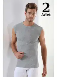 Pamuklu Kolsuz Erkek Atlet 2'li Paket Gri Arma Yıldız 1110