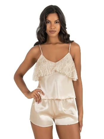 Fildişi Dantelli Saten Şort Takımı Ahu 9214