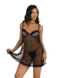 Fırfırlı Askılı Gri Kısa Tül Gecelik Ahu 4252