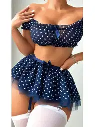 Fırfırlı Puantiyeli Lacivert Kostüm Jesica Bella 00135