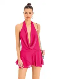 Fuşya Sırt Dekolteli Mini Elbise Lacivert Pink Night 3362