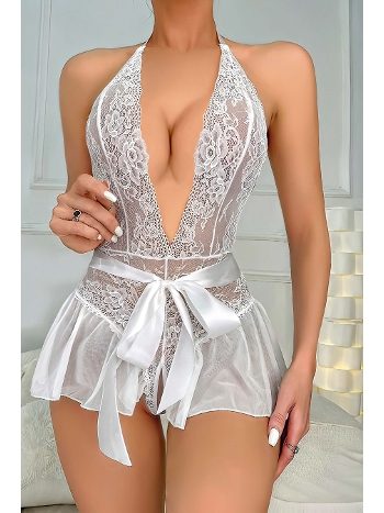 Göğüs Dekolteli Etekli Fantezi Gecelik Takım Beyaz Jesica Bella 0039
