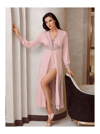 Saten Yırtmaçlı Gecelik Takımı Siyah-Gri İmaj 4220