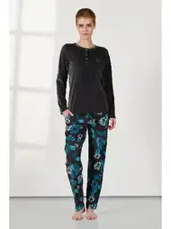 Gri Kadife Mavi Çiçek Desenli Kadın Pijama Takımı Doreanse 25K4034