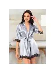 Gri Kuşaklı Dantelli Saten Kısa Sabahlık XSES 2118