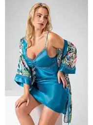 Kısa Kol Polyester İkili Sabahlık Sarı Ahu 7701