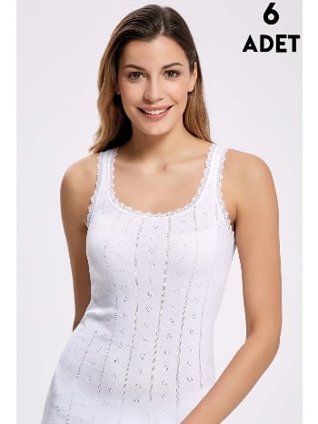 Beyaz Jakarlı Dantelli Geniş Askılı Kadın Atlet İlke 224