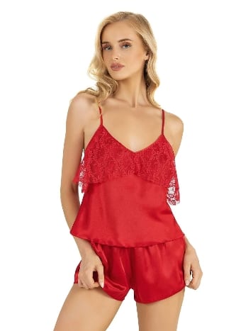 Dantelli İnce Askılı Kırmızı Saten Şort Takımı Ahu 9214