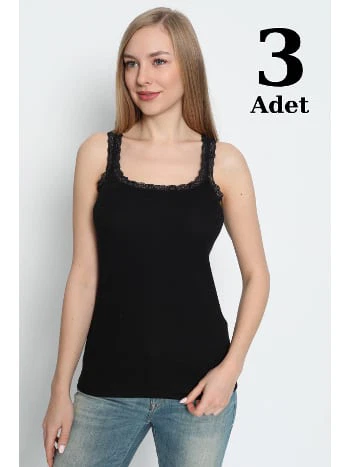 Dantel Detaylı İnce Askılı Siyah Atlet 3lü Paket Arma Yıldız 3362