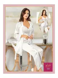 İnce Askılı Saten Göğsü Dantel Sabahlık Pijama Seti XSES 2102