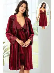 Güpürlü Kadife Sabahlık Gecelik Takımı Bordo XSES 5120