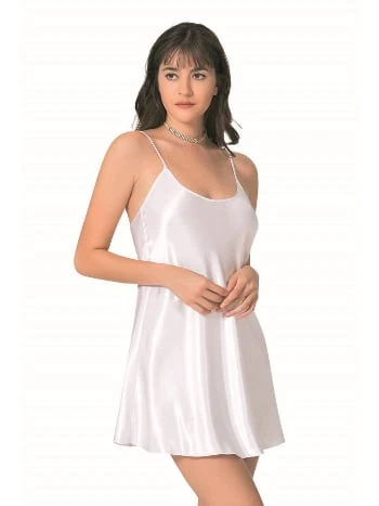 Beyaz Kısa Saten Gecelik Kadın Ahu 8093