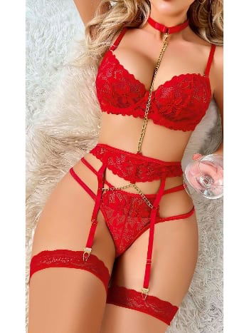 Kırmızı Dantel Ve Zincir Detaylı Jartiyer Takım Ruselin 2056