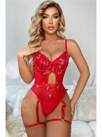 Kırmızı Dantel Transparan Fantezi Body For Dreams 8413