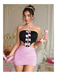 Pembe Fiyonklu Crop Kostüm Ruselin 2154