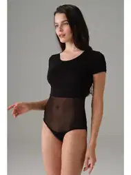 Tül Detaylı Kısa Kol Bodysuit Siyah Doreanse 12423
