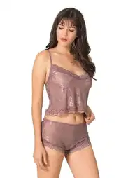 Vizon Jakarlı Dantel Detaylı Babydoll Şort Takımı Ahu 9050