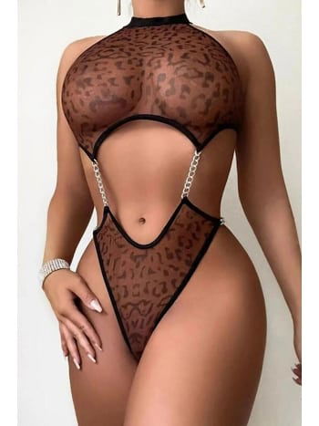 Kahverengi Leopar Desenli Zincirli Fantezi Body Ruselin 2004